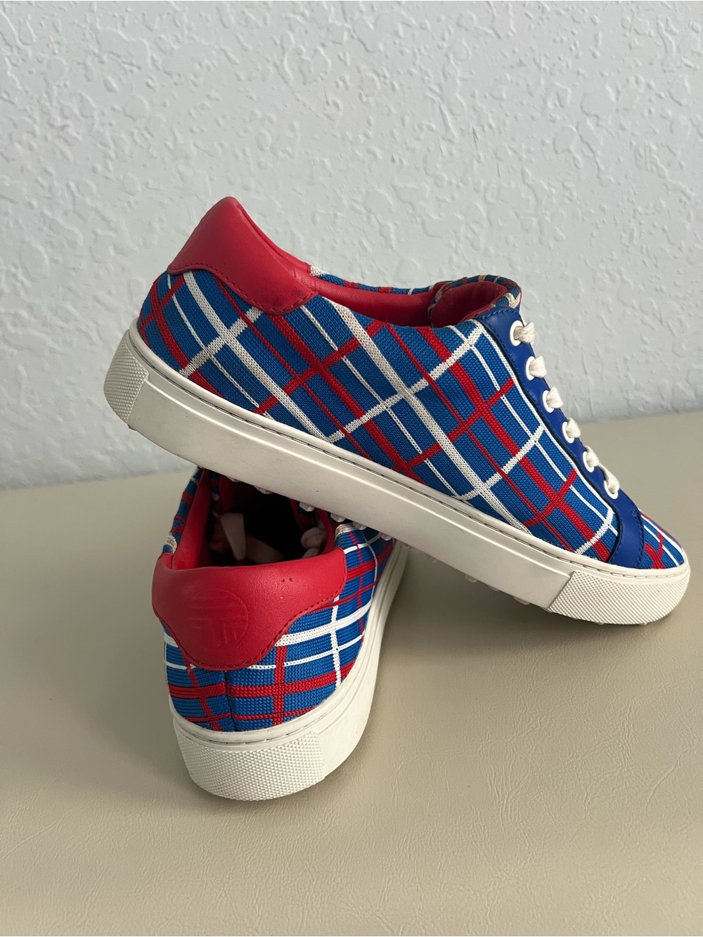 Tory Burch Golf Blue, Red & White Plaid Low-Top Sneakers